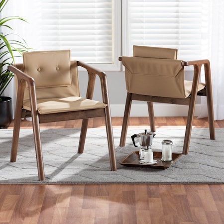 Baxton Studio Marcena Mid-Century Modern Beige Imitation Leather Upholstered 2-Piece Wood Dining Chair Set, PR Set of 2 188-11662-ZORO